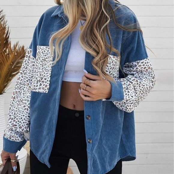 MODA ME COUTURE Tops - Blue Leopard Print Patched Pocket Button down Cord